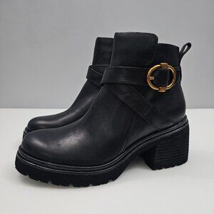 NEW Sofft Jenine Ankle Boot Womens 7 Black Leather Moto Lug Sole Block Heel